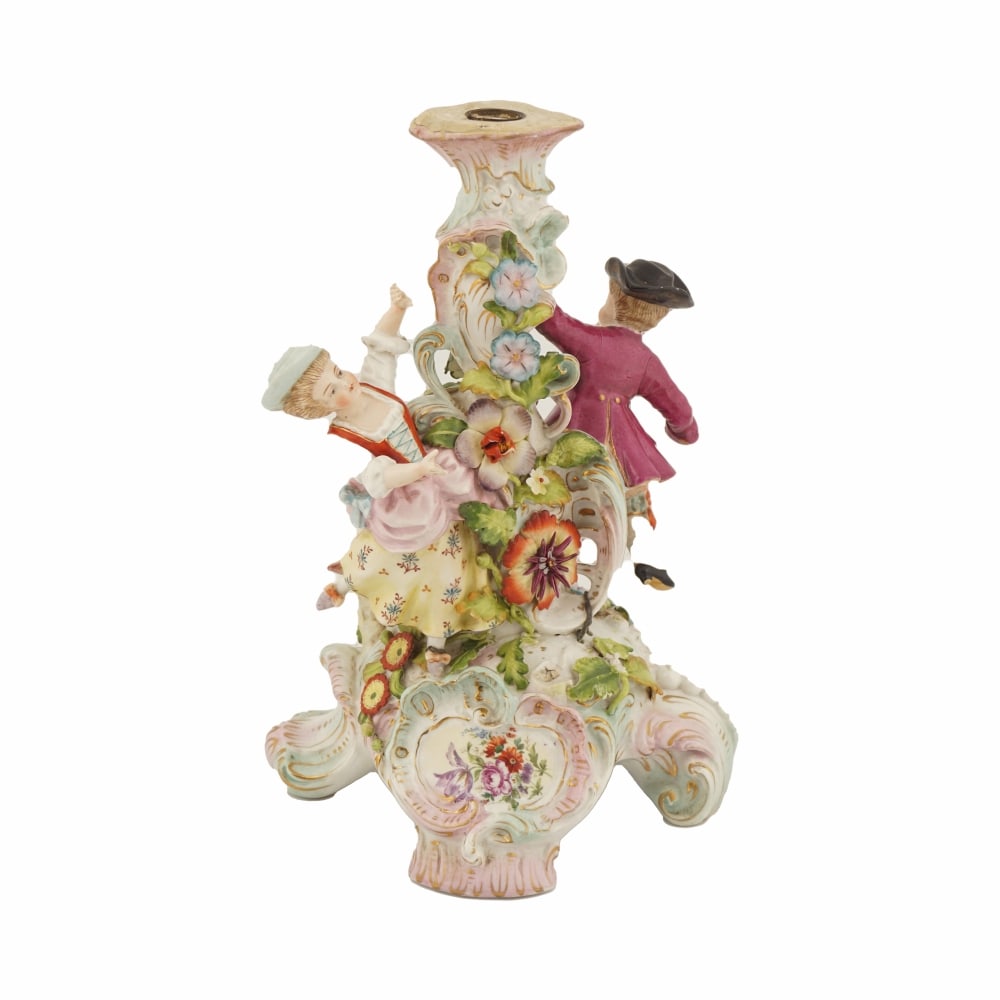 19TH-CENTURY SITZENDORF PORCELAIN GROUP: standing beside a tree, encrusted with flowers. Provenance: The Dr. Kevin Moynihan Collection, Macroom, Co. Cork. 25 cm. high; Approximate Time: 10:52 Lot Number: 572