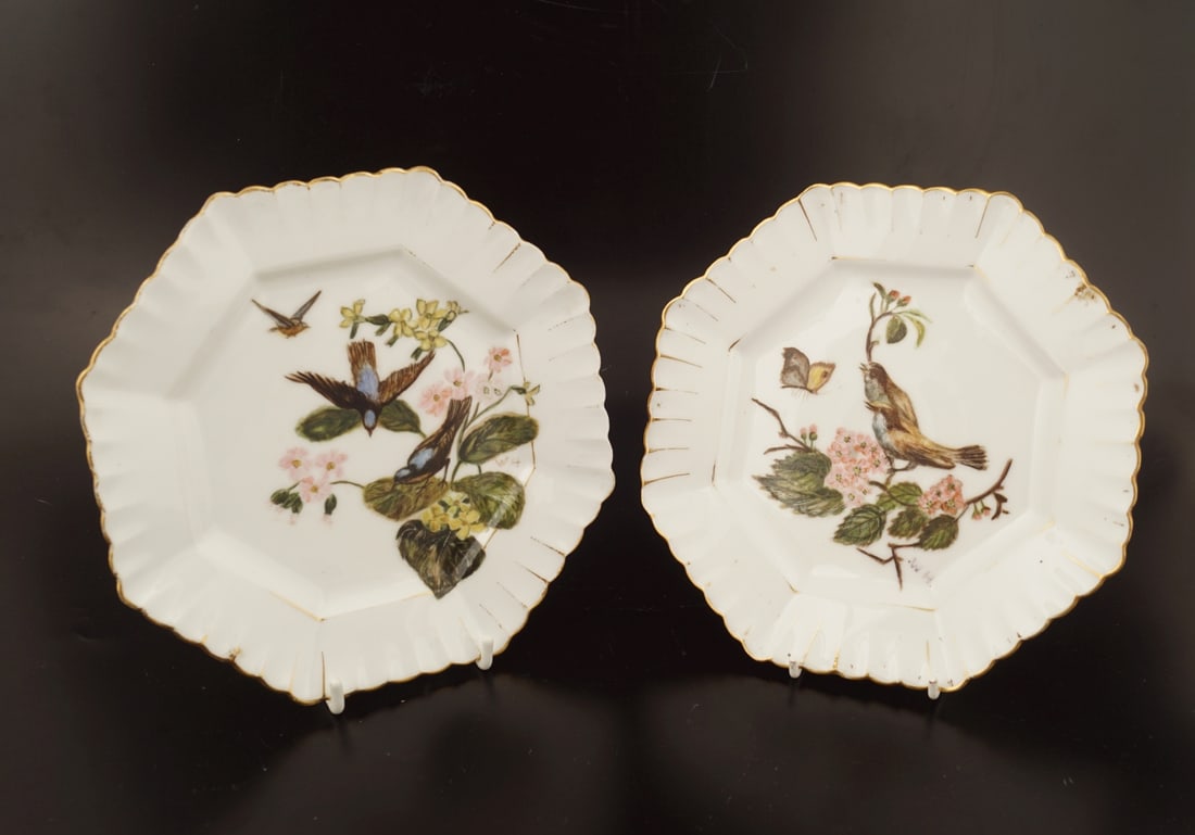 PAIR 19TH-CENTURY WORCESTER PORCELAIN PLATES: each of octagonal form with painted ornithological decoration. Signed W. H. possibly W. H. Austen. Provenance: The Dr. Kevin Moynihan Collection, Macroom, Co. Cork. 19 cm. in diameter; Approximate Tim