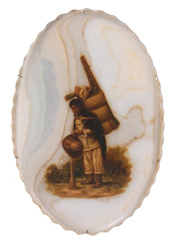 A. Garcia: A. Garcia, Figure with basket, Signed oil on oval alabaster panel Size: 46 x 30 cm.