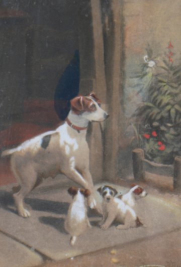 A. Duke: A. Duke, Terrier and pups, Signed watercolour