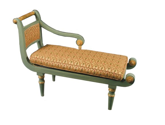 Unusual late Nineteenth century parcel gilt scroll end: Unusual late Nineteenth century parcel gilt scroll end window seat, with painted decoration