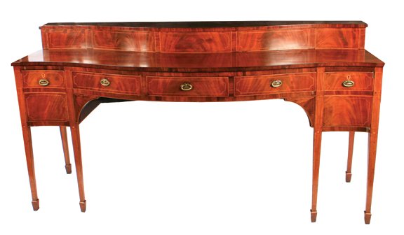 George III period mahogany and inlaid Sheraton sideboar: George III period mahogany and inlaid Sheraton sideboard, circa 1790 210 cm. long