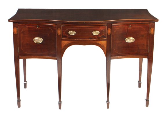 Nineteenth-century mahogany Sheraton mahogany and satin: Nineteenth-century mahogany Sheraton mahogany and satinwood inlaid serpentine fronted sideboard 133 cm. wide