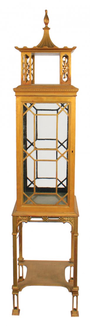 Pair of Edwardian gilt Chinese Chippendale style displa: Pair of Edwardian gilt Chinese Chippendale style display cabinets, each with a pagoda head 204 cm. high; 44 cm. square