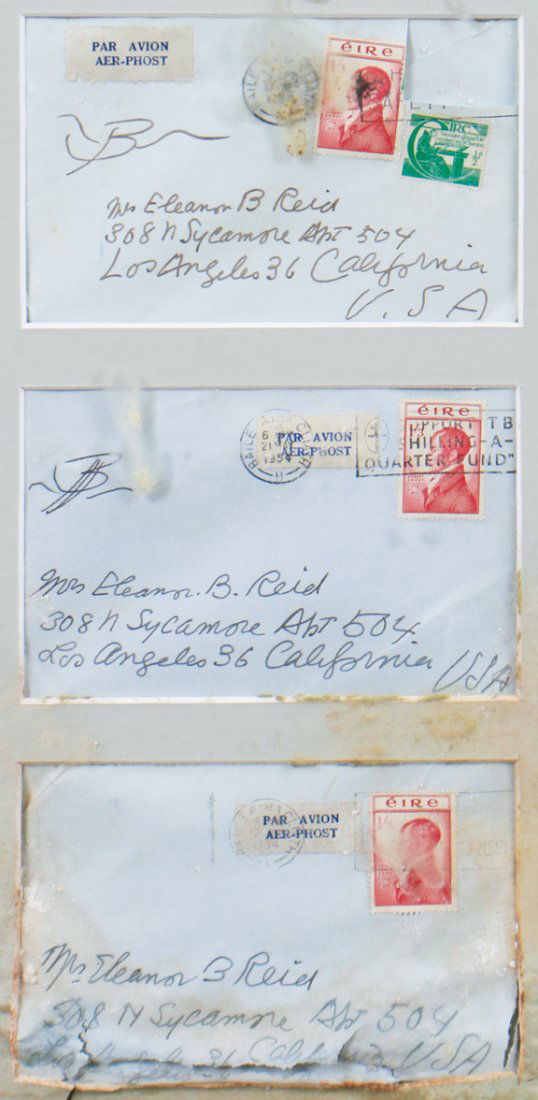 Jack B. Yeats: Jack B. Yeats, Framed group of three addressed and stamped envelopes, Initial by Jack B. Yeats, Addressed to Mrs. Elanor Breid, Los Angelos, California, Dated 1954