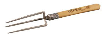 Antique sterling silver fork: Antique sterling silver fork, with carved faux ivory handle, Makers; Mark J.R. (Joseph Rogers) 19 cm. long