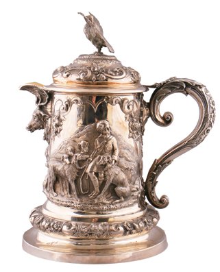 Important large silver stag hunting themed ceremonial e: Important large silver stag hunting themed ceremonial ewer, Maker Robert Hennell, London 1857 40 cm. high