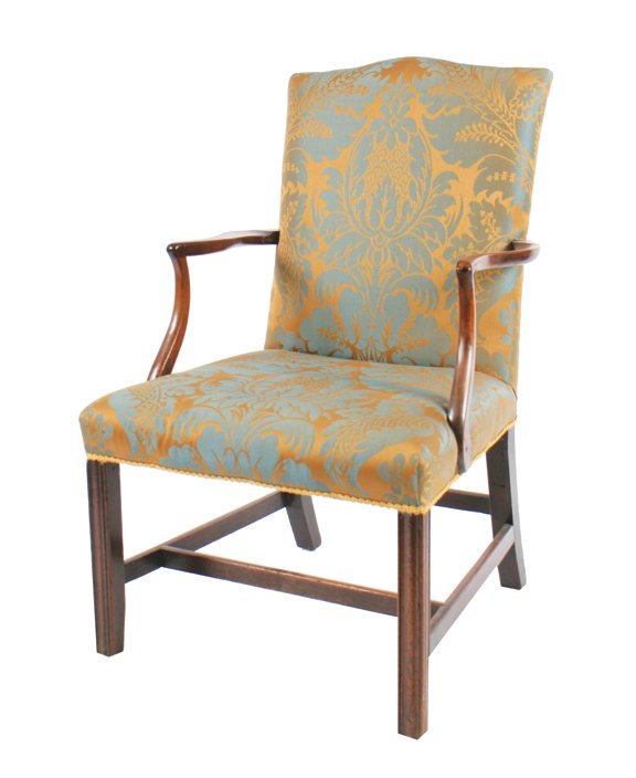 Irish George III period mahogany and damask upholstered: Irish George III period mahogany and damask upholstered library chair, circa 1790