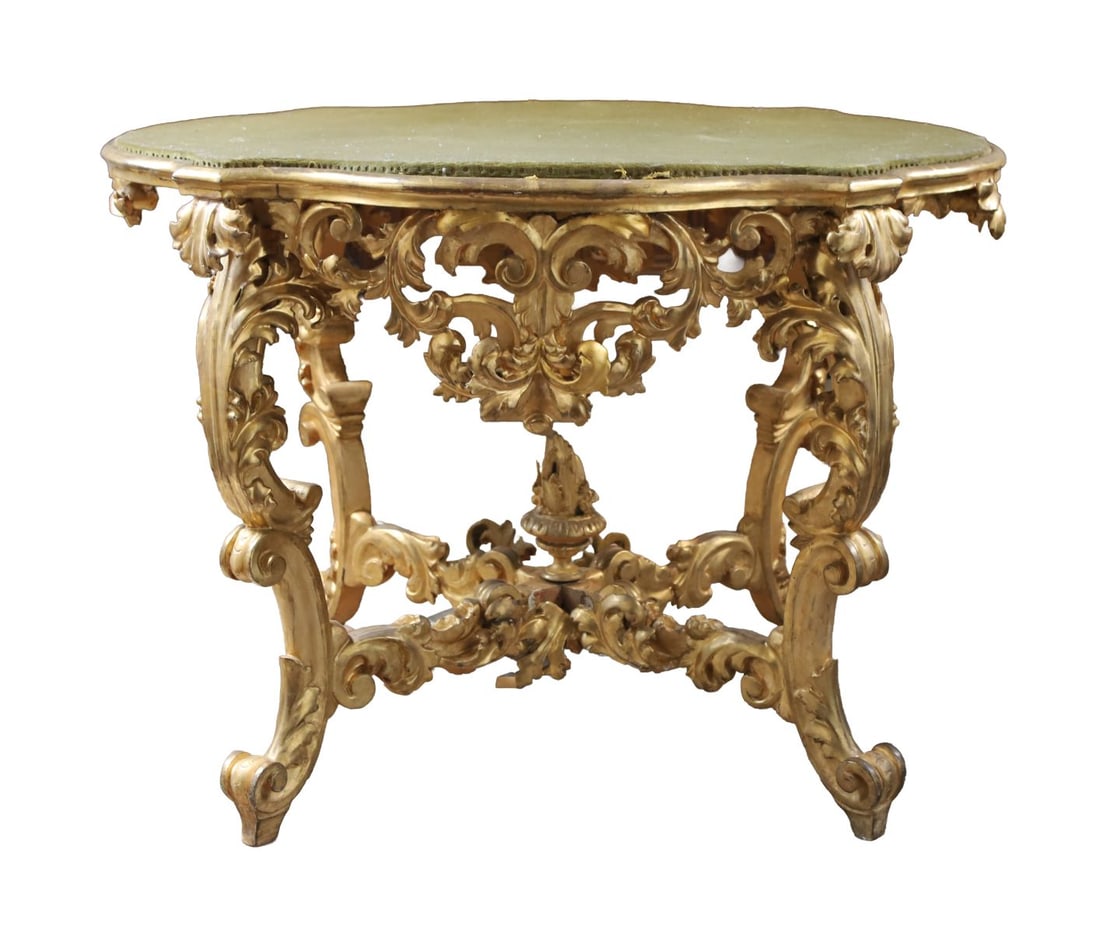 19TH-CENTURY LOUIS XV GILTWOOD CENTRE TABLE: Serpentine shaped top (currently upholstered surface) above a carved frieze with scrolling acanthus and shell motifs, raised on cabriole legs joined by a shaped stretcher. FURNITURE