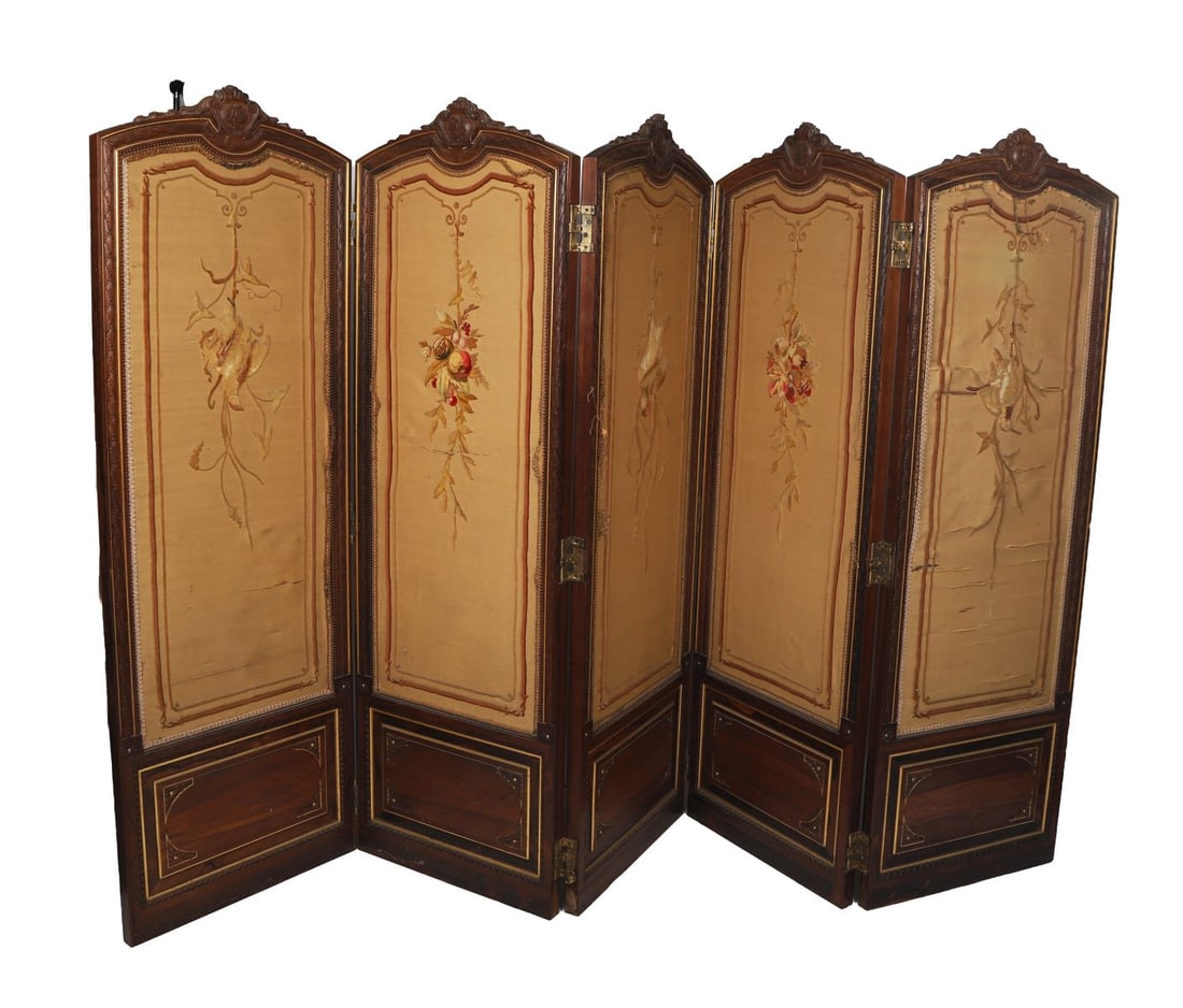 19TH-CENTURY FIVE-PANEL FOLDING SCREEN: Each panel with upholstered inset within a moulded wooden frame, hinged to form a freestanding screen. FURNITURE