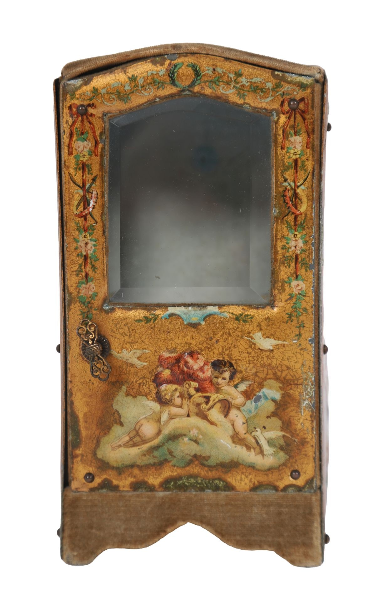 VERNIS MARTIN MINIATURE SEDAN CHAIR: A small-scale decorative sedan chair, the body finished in Vernis Martin style with painted figural and floral decoration, glazed panels and domed top, in the 18th-century taste. FURNITURE