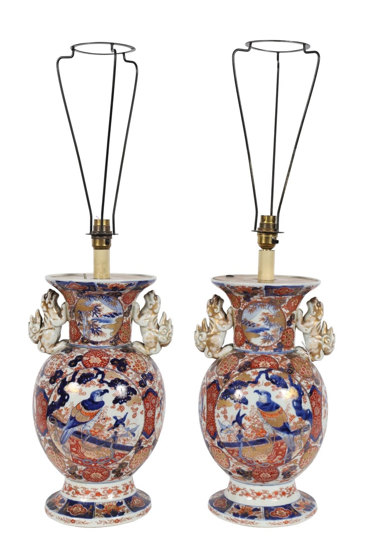 PAIR OF JAPANESE IMARI VASE-STEMMED TABLE LAMPS: 19TH-CENTURY, Each of baluster form with typical underglaze blue and iron-red decoration, mounted as table lamps. LIGHTING