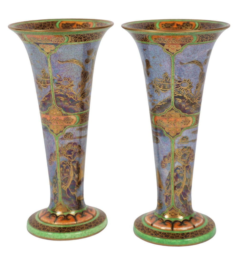 PR WEDGWOOD FAIRYLAND LUSTRE VASES (Z5294 TYPE): 20TH-CENTURY, Pair of flared trumpet vases decorated with fairy figures amidst trees and foliage, with iridescent lustre finish and gilded detailing, in the manner of Daisy Makeig-Jones designs. CERAM