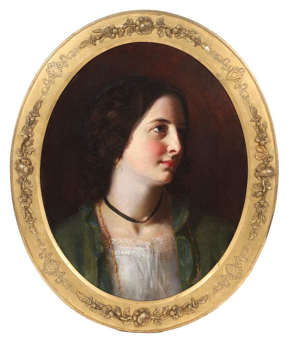 JOHN JOSEPH SLATTERY (IRISH, FL. 1846-1858): Title: Portrait of Norah Hill (1835 - 1920), Jane Austen's (1775 - 1817) Irish - born grandniece (1856) Medium: Oil on canvas (Unlined, Oval)Signature: Signed, Dated and Inscribed Verso ('Norah M E Hi