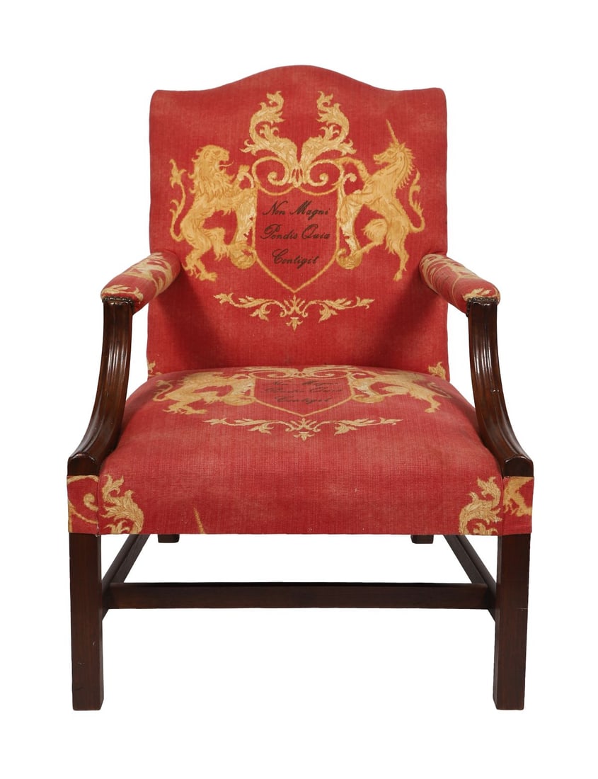 EDWARDIAN MAHOGANY GAINSBOROUGH CHAIR: CHIPPENDALE-REVIVAL, With shaped back and scroll arms above an upholstered seat, raised on square chamfered legs. FURNITURE