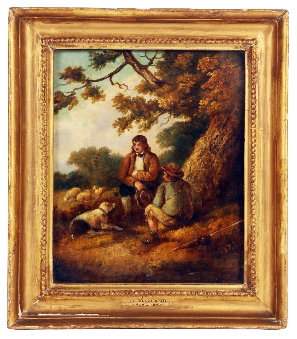 GEORGE MORLAND (1763 - 1804): Title: The ShepherdsMedium: Oil on PanelSignature: Signed and Titled VersoProvenance: Private CollectionFramed PICTURES AND PRINTS