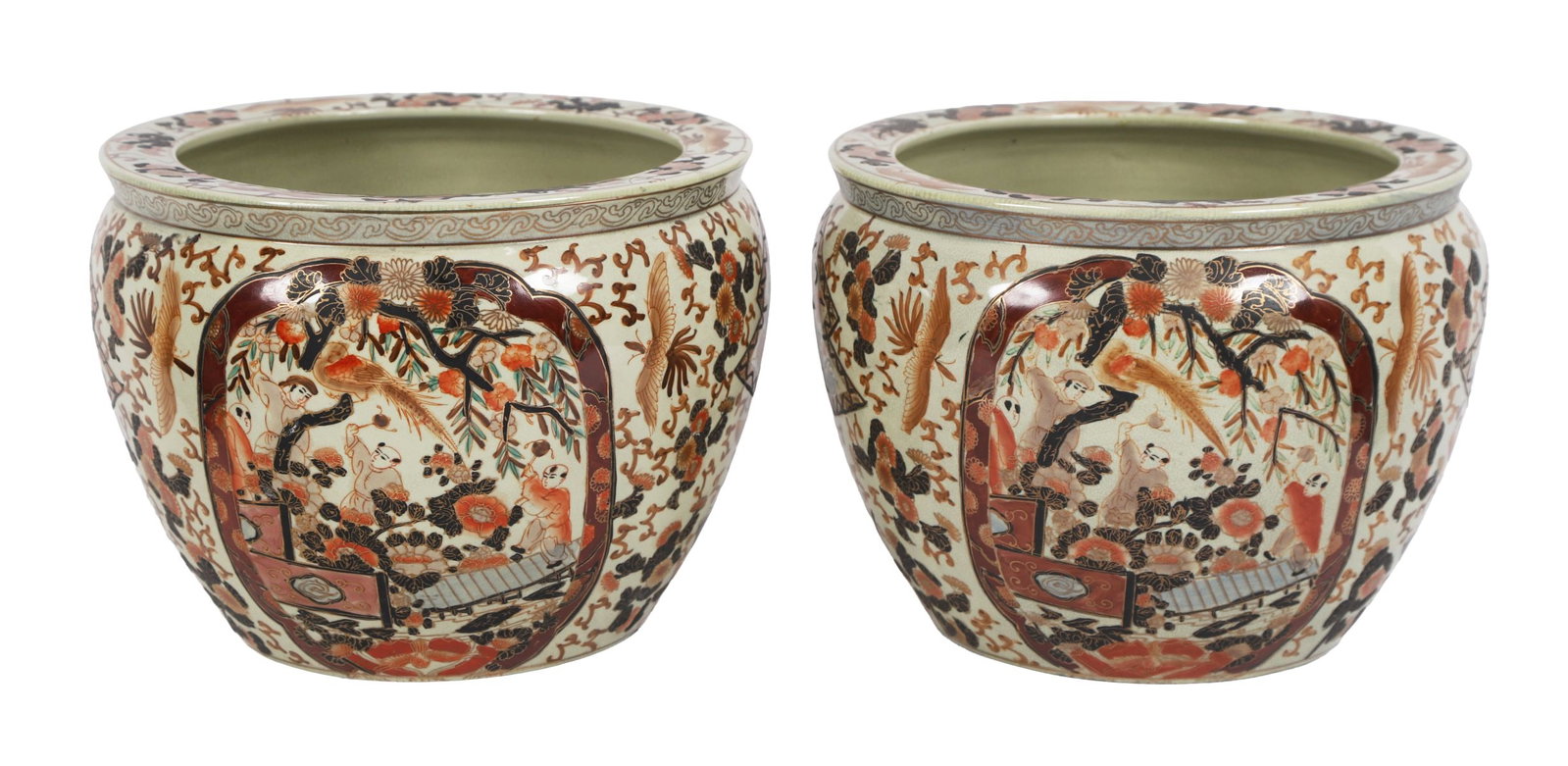PAIR OF JAPANESE SATSUMA POTTERY JARDINIÈRES: EARLY 20TH - CENTURY, Each decorated with figural panels within scrolling borders on a crackle-glazed ground. JAPANESE
