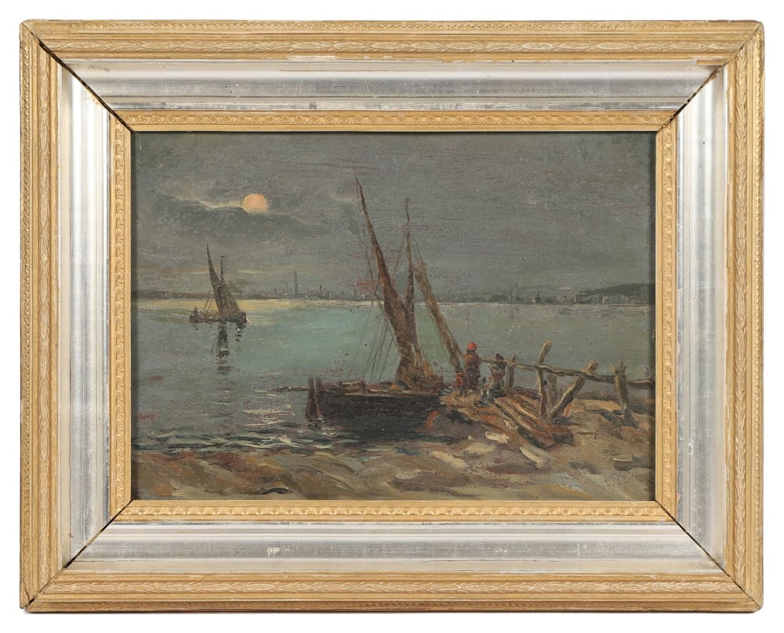 FOLLOWER OF HENRY JONES THADDEUS RHA (1859-1924): Title: Moonlit Mediterranean Scene with BoatsMedium: Oil on WoodSignature: UnsignedProvenance: Private CollectionFramed PICTURES AND PRINTS