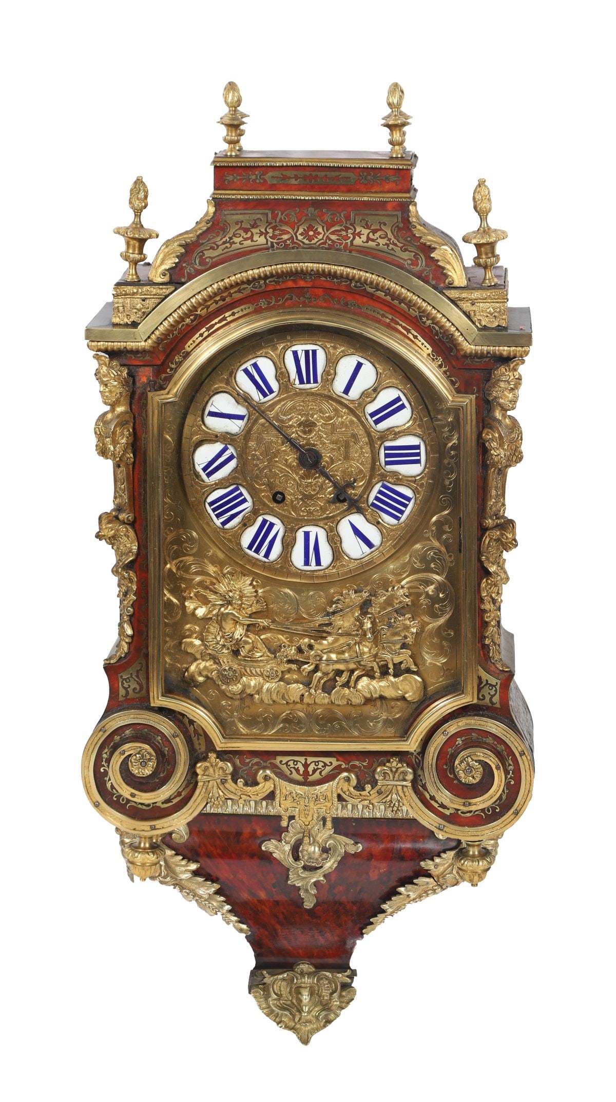 19TH-CENTURY BUHL BRASS BRACKET CLOCK: TORTOISESHELL INLAID, A 19th-century buhl bracket clock, the case inlaid with brass and tortoiseshell panels, the arched dial with enamel Roman numeral plaques and engraved gilt ground, the lower pane