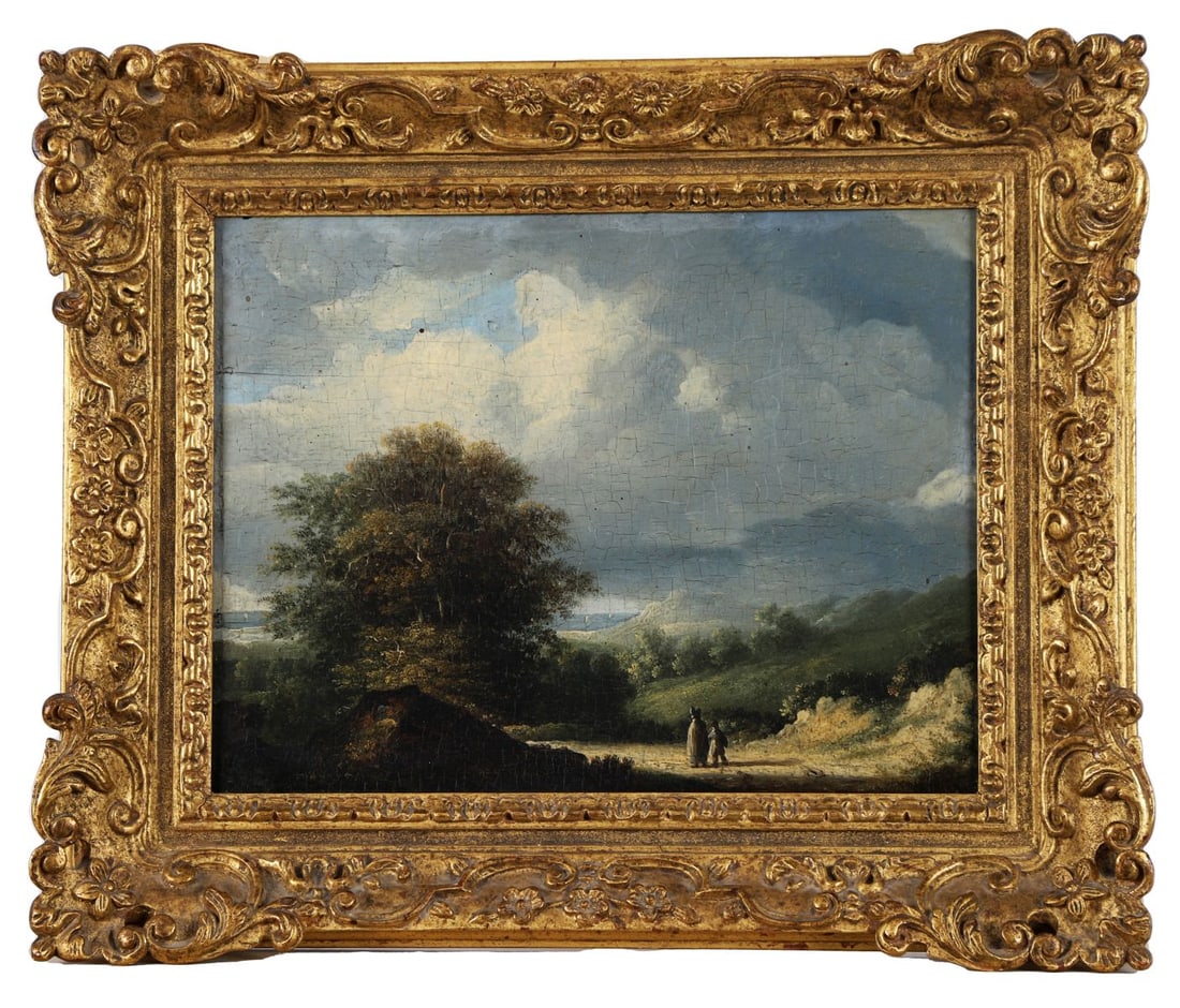 JAMES ARTHUR O'CONNOR (1792 - 1841): Title: Figures on a Mountainous Path, Co. Wicklow (C. 1835)Medium: Oil on PanelSignature: Remnants of the artist's signature 'J.A.O.C' indistinctly Lower RightProvenance: Private CollectionNote: O'Con