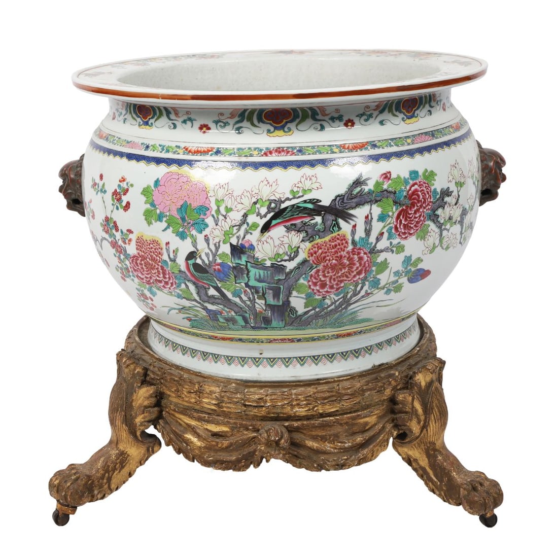 LATE 18TH - CENTURY SAMSON PORCELAIN URN: ON CARVED GILTWOOD STAND, A late 18th-century Samson porcelain urn, decorated in polychrome enamels, raised on an elaborately carved giltwood stand. PORCELAIN