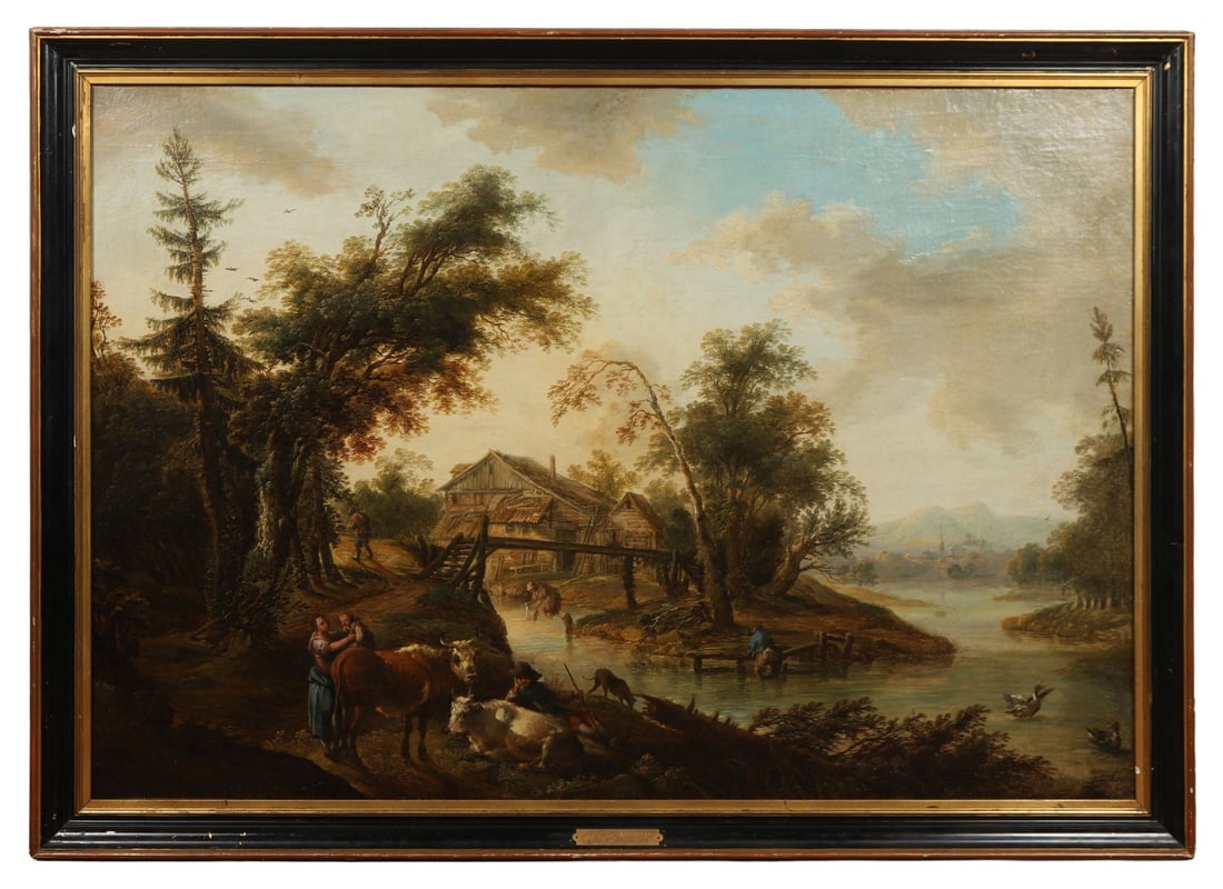 JEAN - BAPTISTE LALLEMAND (DIJON 1716-1803 PARIS): Title: Pastoral Landscape with Figures and Cattle at a River StreamMedium; Oil on CanvasSignature: UnsignedProvenance: Private CollectionFramed PICTURES AND PRINTS