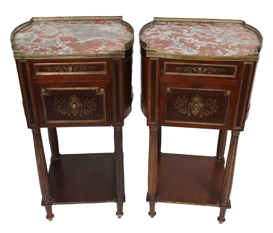 PAIR OF NAPOLEON III MAHOGANY BEDSIDE PEDESTALS: BRASS-INLAID, Each of rectangular form with brass inlay decoration, fitted with drawers and cupboards, raised on plinth bases. FURNITURE