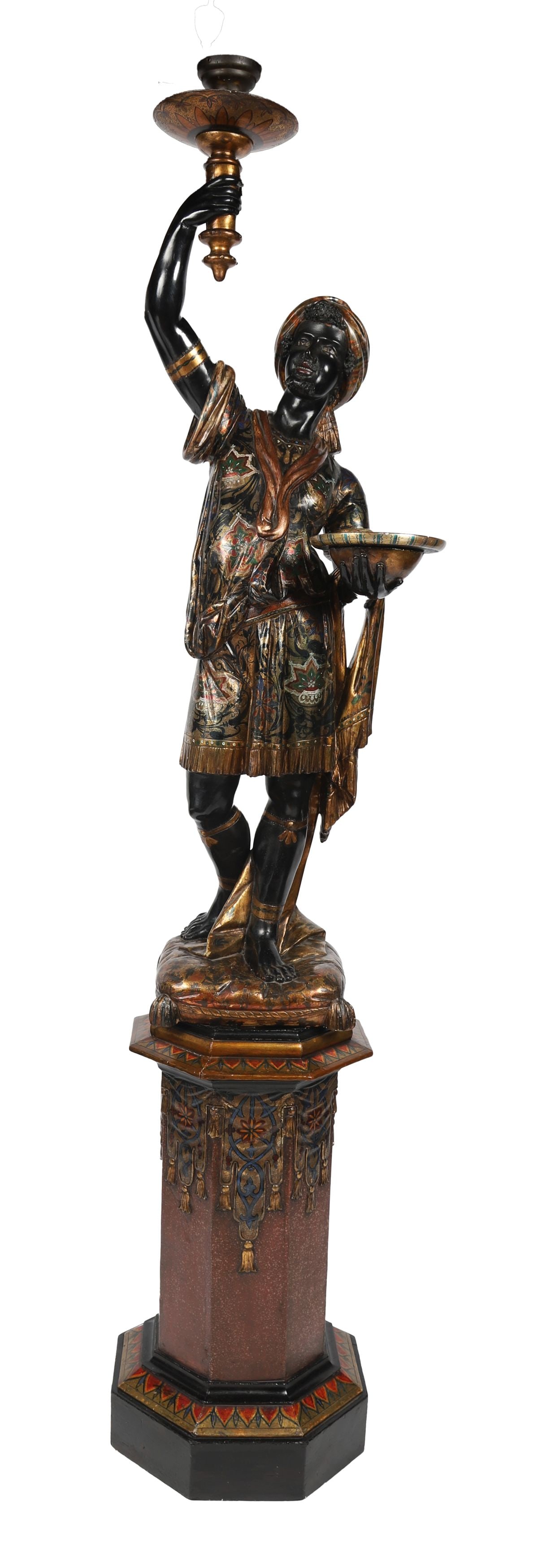 19TH-CENTURY POLYCHROME BLACKAMOOR FIGURE: Modelled as a standing attendant in exotic dress, supporting a dish and raised arm for a light fitting, the surface richly decorated in polychrome and gilt, mounted on a shaped base. SCULPTURE