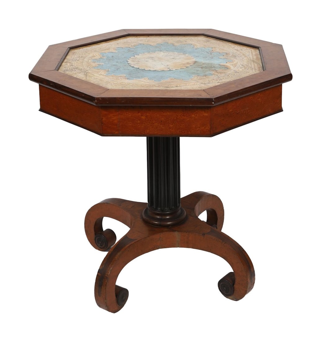 19TH-CENTURY AMBOYNA AND SCAGLIOLA CENTRE TABLE: The top with amboyna border enclosing a scagliola inset panel, raised on a turned support and base. FURNITURE