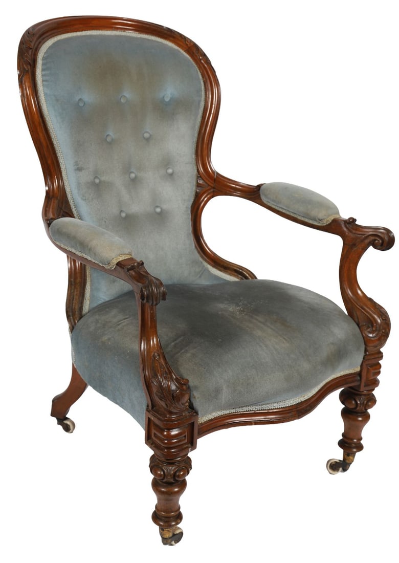 EARLY VICTORIAN WALNUT GENTLEMAN’S ARMCHAIR: Of balloon-back form with padded arms and upholstered seat. FURNITURE