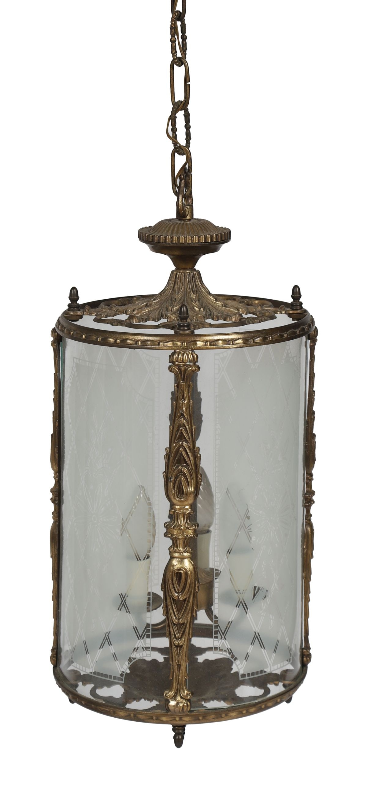 19TH-CENTURY FRENCH GILT METAL HALL LANTERN: A 19th-century French gilt metal hall lantern, of cylindrical form with glazed panels, etched decoration and cast foliate uprights, surmounted by a loop suspension. LIGHTING