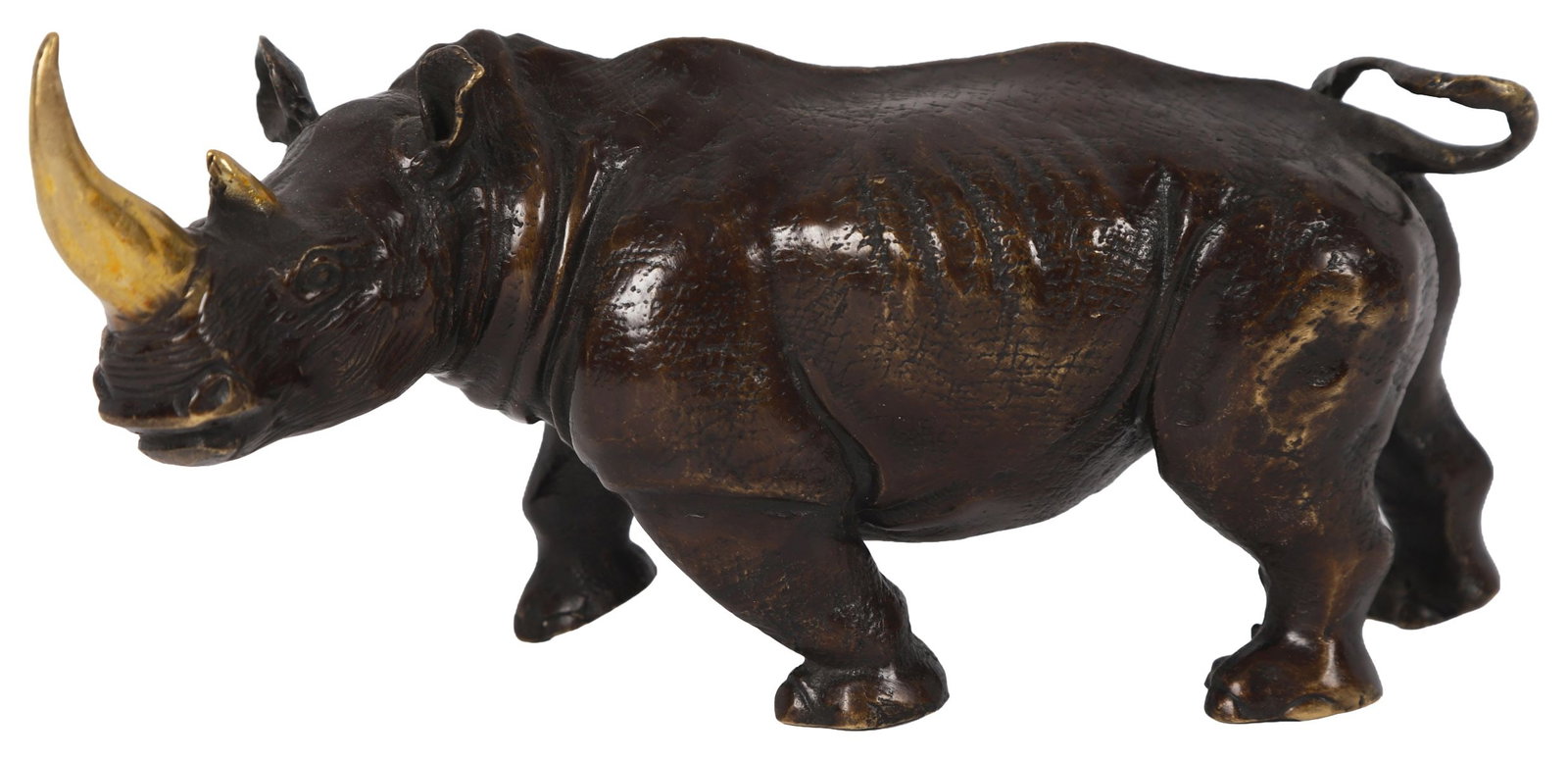 20TH - CENTURY BRONZE MODEL OF A RHINOCEROS: Naturalistically modelled standing figure with textured hide and polished horn detail. SCULPTURE