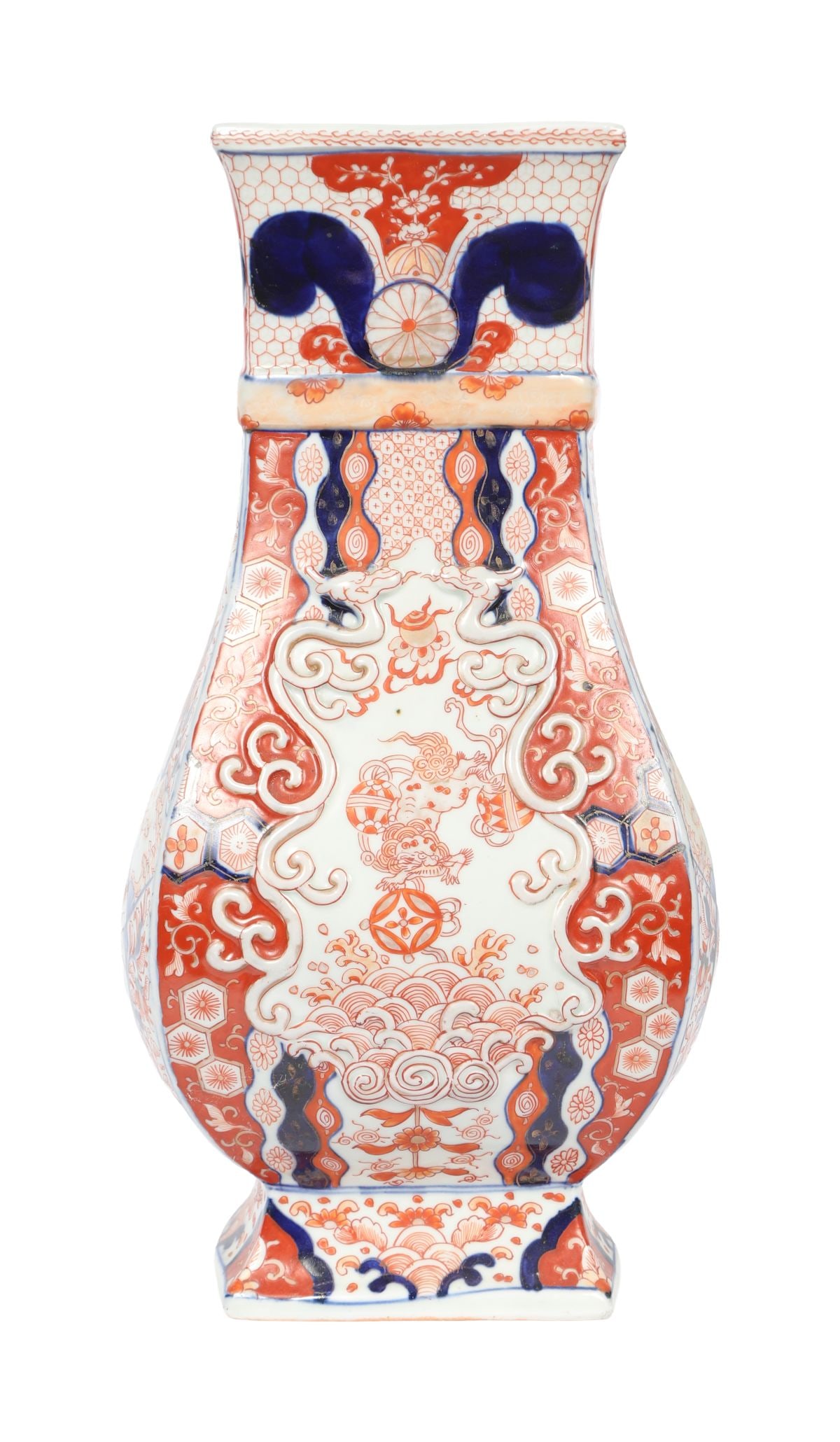 19TH CENTURY JAPANESE IMARI SQUARE BALUSTER VASE: A large 19th-century Japanese Imari vase of square baluster form, decorated in iron-red, cobalt blue and gilt with shaped reserves enclosing birds and flowering branches, within dense foliate and
