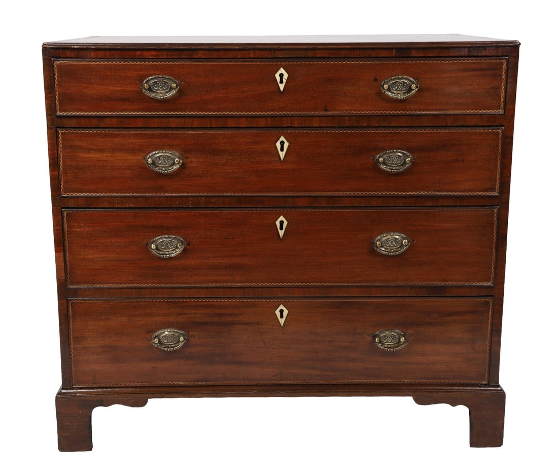 IRISH MAHOGANY AND INLAID CHEST OF DRAWERS (1 of 3)
