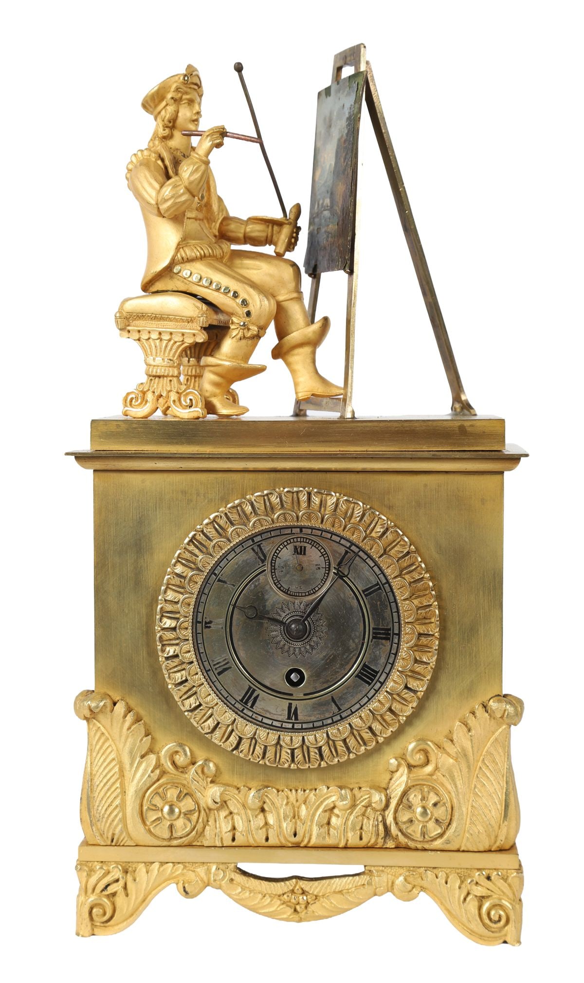 19TH-CENTURY ORMOLU MANTEL CLOCK: SURMOUNTED BY A SEATED ARTIST, A 19th-century ormolu mantel clock, the case surmounted by a seated artist figure before an easel, the circular dial within a richly cast surround, the base decorated wi