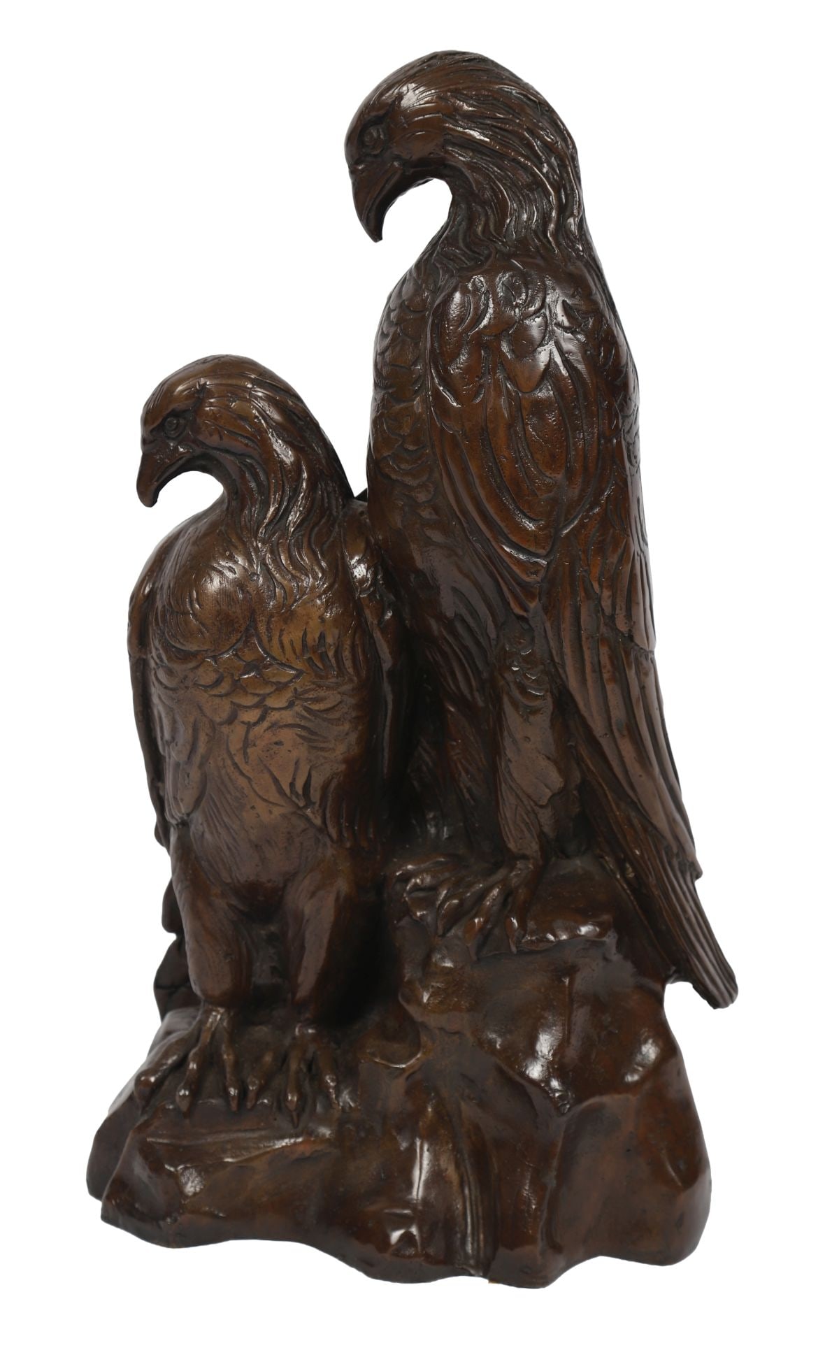 CONTEMPORARY BRONZE SCULPTURE OF 2 PERCHED EAGLES: Modelled as a pair of eagles perched on a naturalistic base. SCULPTURE