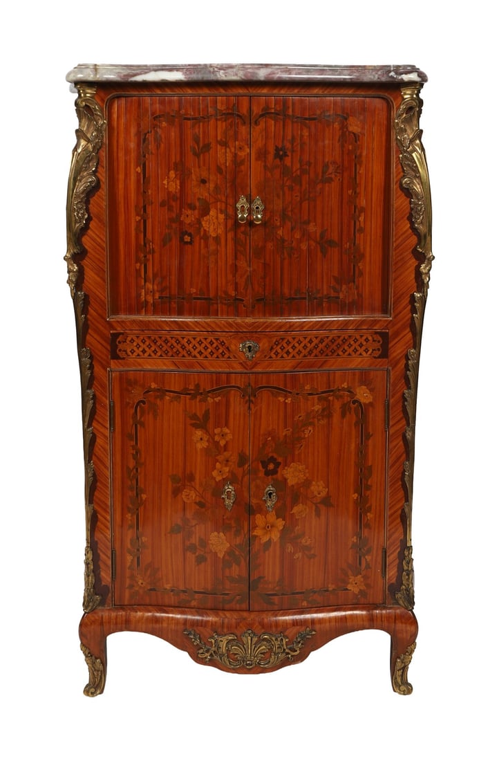 19TH-CENTURY FRENCH KINGWOOD MARQUETRY SECRÉTAIRE: Ormolu-mounted. The fall-front enclosing a fitted interior of drawers and compartments, above a bombe-shaped base, the exterior veneered in kingwood with intricate floral marquetry, mounted throughout