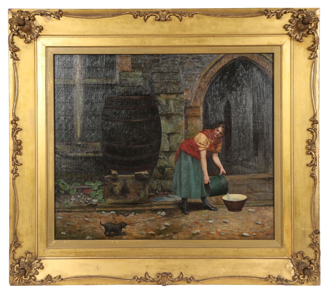 JOHN COUSINS LAWRENCE (BRITISH, FL.1871-1888): Title: The Thirsty Pup (1877)Medium: Oil on CanvasSignature: Signed and Dated Lower RightProvenance: Private CollectionFramed PICTURES AND PRINTS
