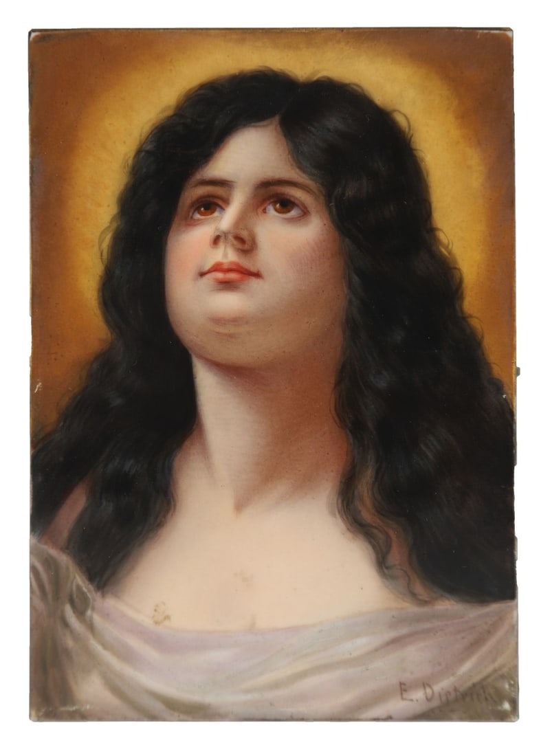 GERMAN PAINTED PORCELAIN PLAQUE: SIGNED E. DIETRICH. Depicting a young female figure in classical dress, finely painted, mounted within a gilt frame. PICTURES AND PRINTS