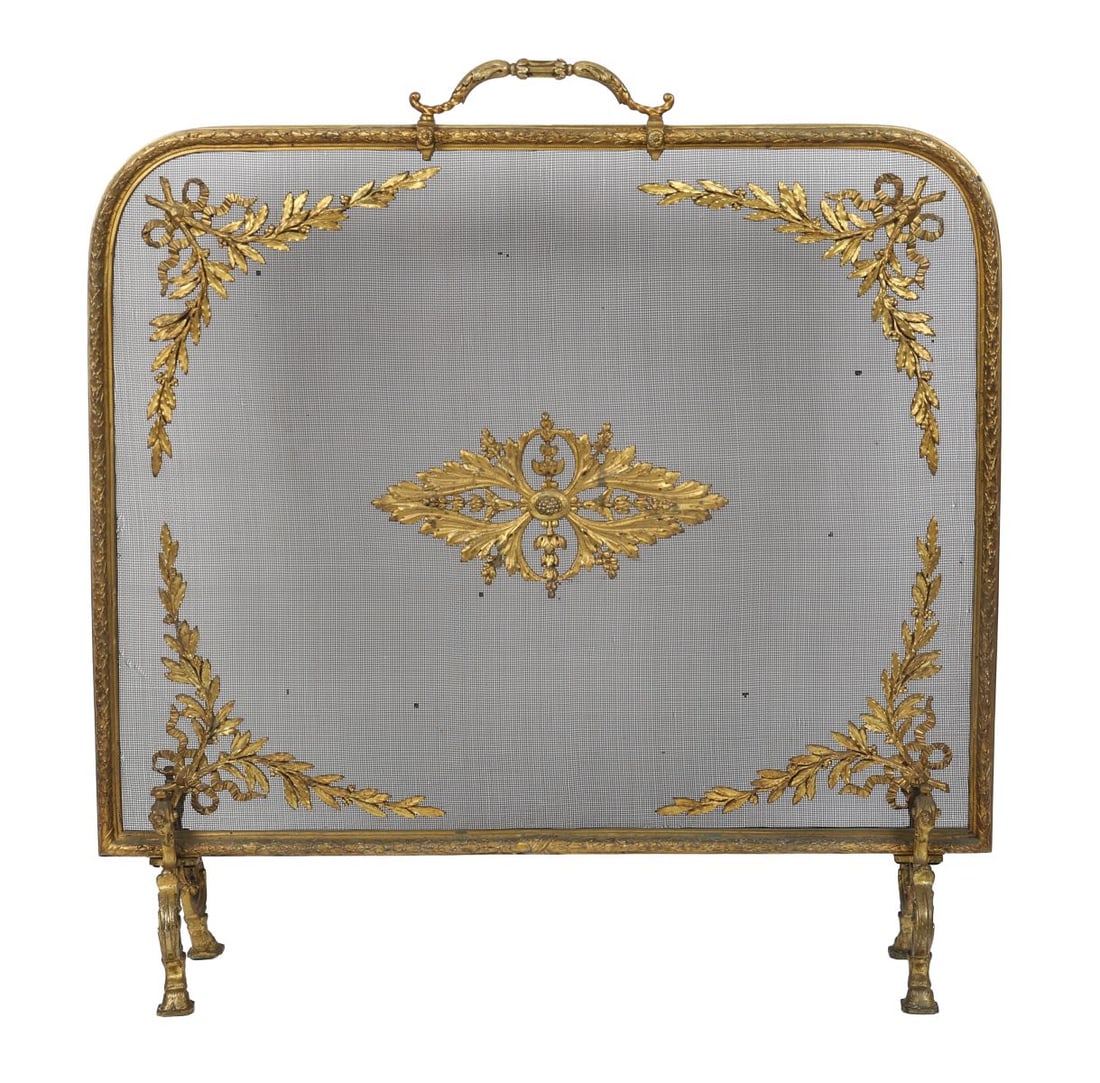 LARGE 19TH-CENTURY ARMORIAL FIRE SCREEN: ORMOLU-MOUNTED, Of rectangular form, the inset panel framed by gilt-metal mounts, raised on shaped supports. FIRE FURNITURE