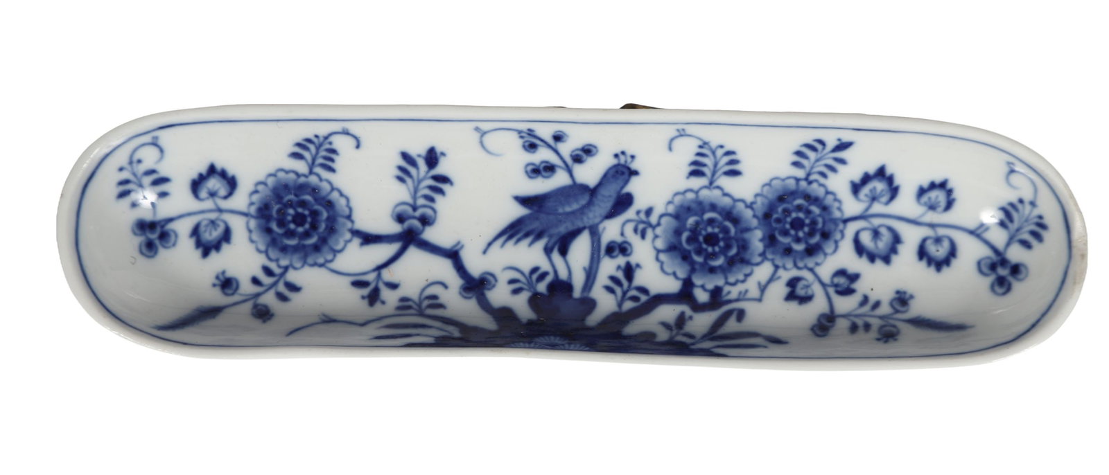 MEISSEN BLUE AND WHITE PORCELAIN DISH: Of elongated oval form, painted in underglaze blue with floral sprays and scrolling foliage within a line border. PORCELAIN