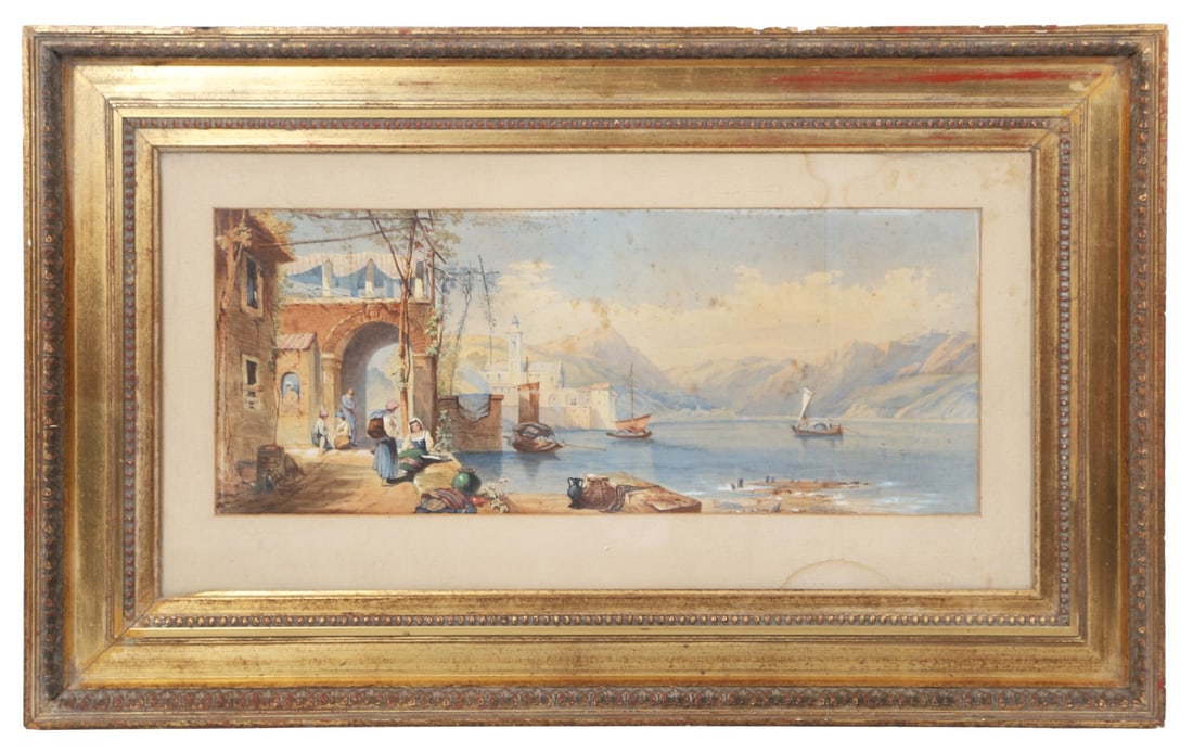 19TH - CENTURY ITALIAN SCHOOL: Title: Figures at at Archway by a LakeMedium: WatercolourSignature: UnsignedProvenance: Private CollectionFramed PICTURES AND PRINTS