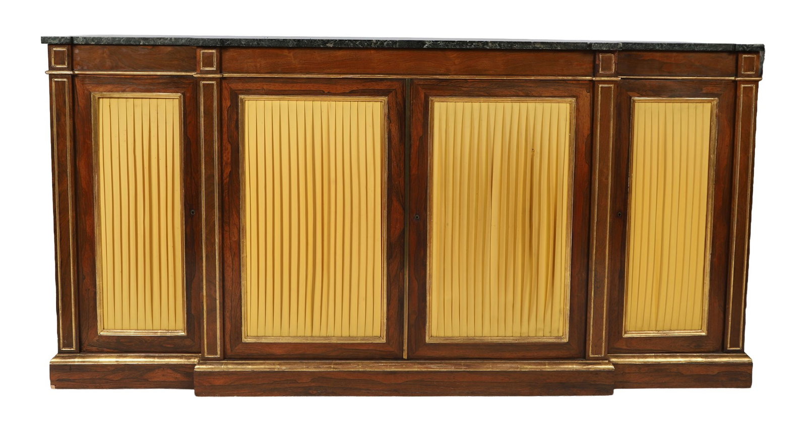 LARGE REGENCY ROSEWOOD DWARF BREAKFRONT BOOKCASE: BRASS-MOUNTED, The upper section with glazed doors enclosing shelving, above a breakfront base, the whole veneered in figured rosewood and mounted with brass stringing and mouldings. FURNITURE