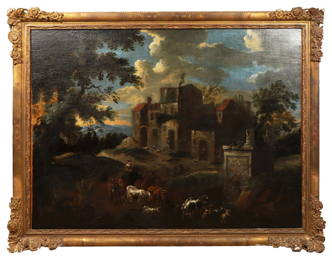 CAJETAN ROOS (ROME 1690 - 1770 VIENNA): Title: Castle, Figures and Animals in a Rural LandscapeMedium: Oil on CanvasSignature: UnsignedProvenance: Private CollectionFramed PICTURES AND PRINTS