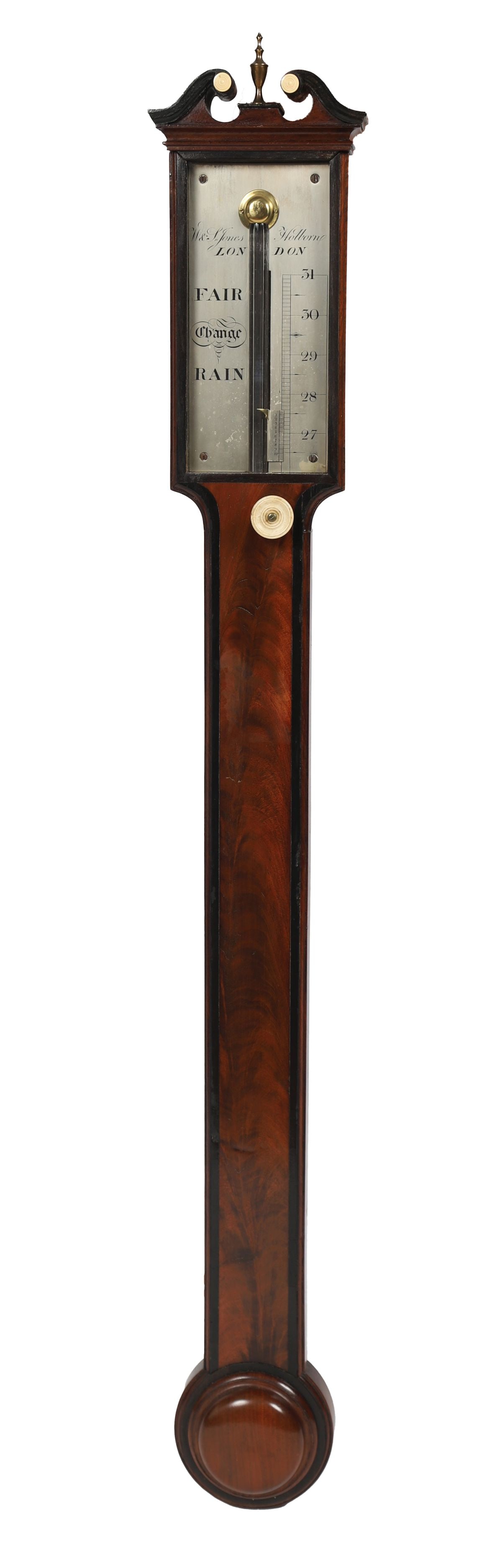 GEORGIAN MAHOGANY STICK BAROMETER: BY W. JONES, HOLBORN, LONDON, The slender case with architectural pediment enclosing a silvered scale signed for the maker, with adjustable vernier and turned cistern cover below. CLOCKS AND BAROMETER
