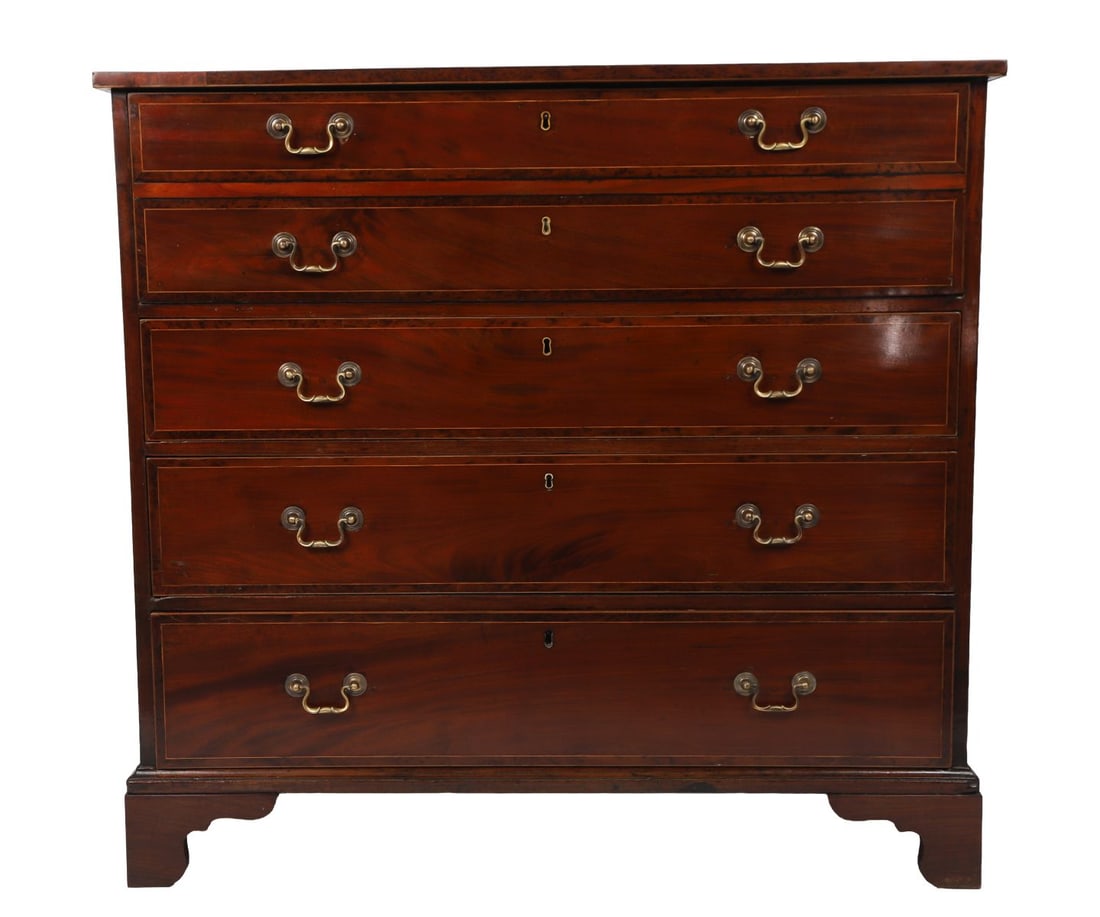 IRISH MAHOGANY AND INLAID CHEST OF DRAWERS (1 of 2)