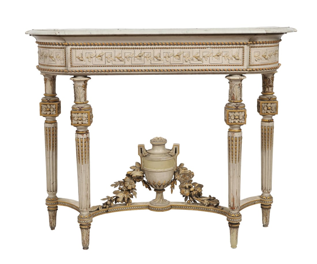 19TH-CENTURY ITALIAN PAINTED CONSOLE TABLE: MONOCHROME PAINTED, The rectangular top above a painted frieze decorated in classical monochrome motifs, raised on shaped supports with conforming decoration and joined by a stretcher. FURNITURE