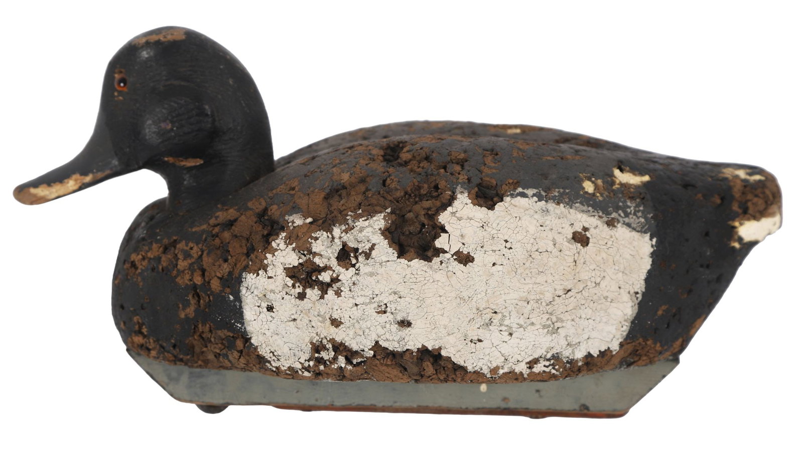 20TH - CENTURY CARVED WOOD DUCK DECOY: Carved and painted wooden duck decoy with later surface wear and losses. SPORTING