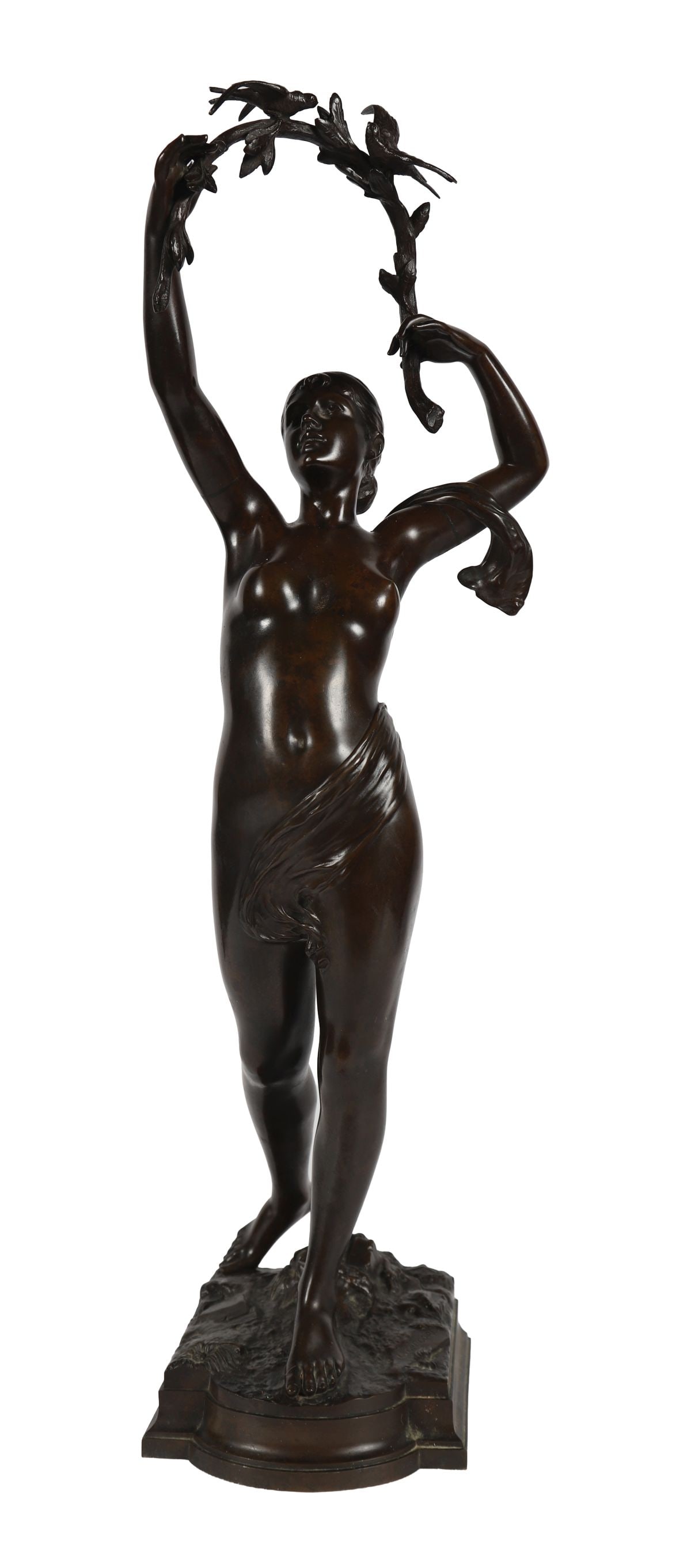 JEAN LOUIS GREGOIRE (1840-1890): 19TH-CENTURY BRONZE FIGURE OF A FEMALE NUDE, Modelled standing with arms raised holding a garland, raised on a naturalistic base. SCULPTURE
