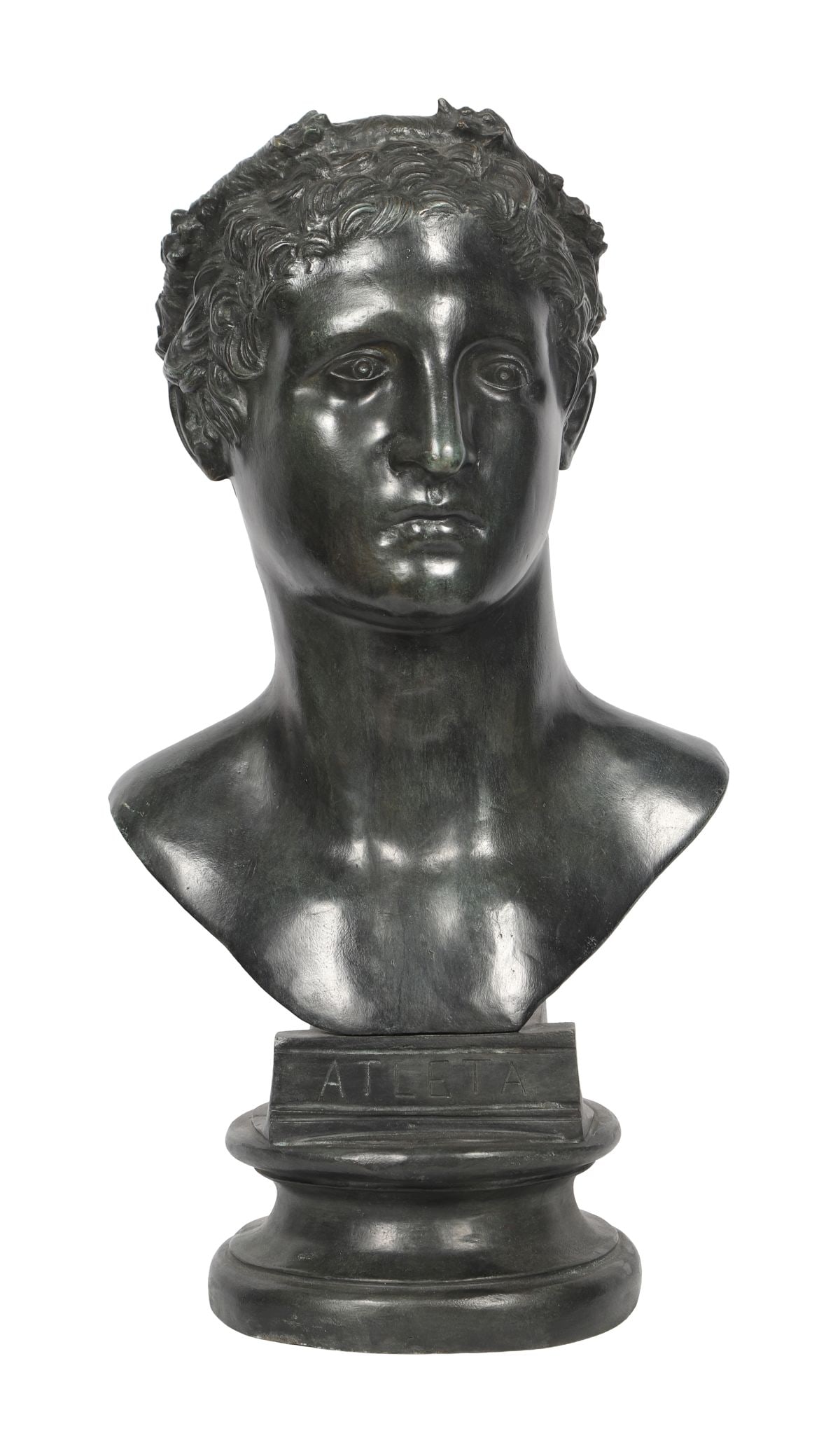 19TH-CENTURY ITALIAN BRONZE BUST OF ATLETA: A patinated bronze bust of Atleta, modelled in the classical manner with finely detailed hair and features, raised on a circular socle. SCULPTURE